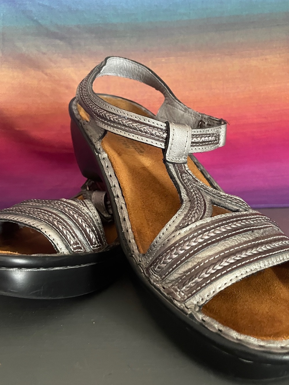 Naot Nara Silver Pewter Leather Comfort Sandals Hook Loop EU 41 US 10-10.5 - Picture 12 of 14